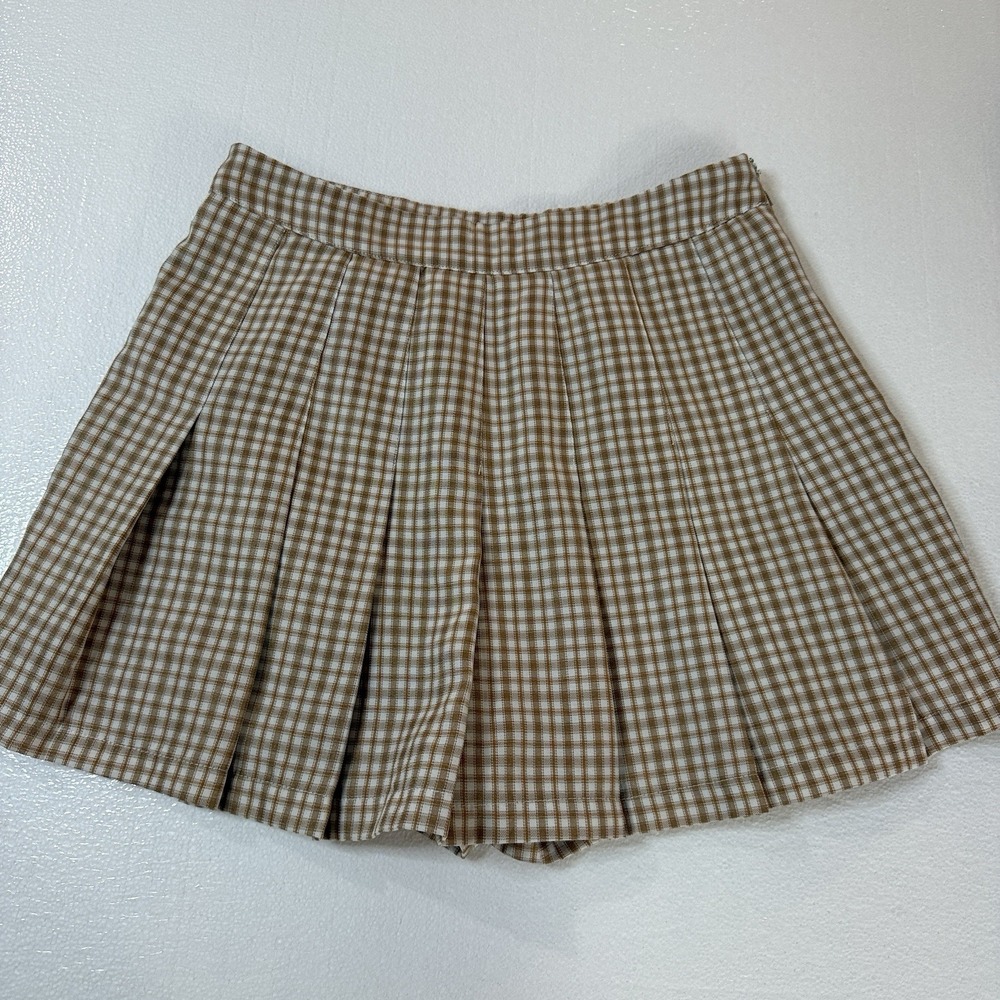 Hyfve Women's Pleated Mini Skirt Skort Size Medium Brown Plaid